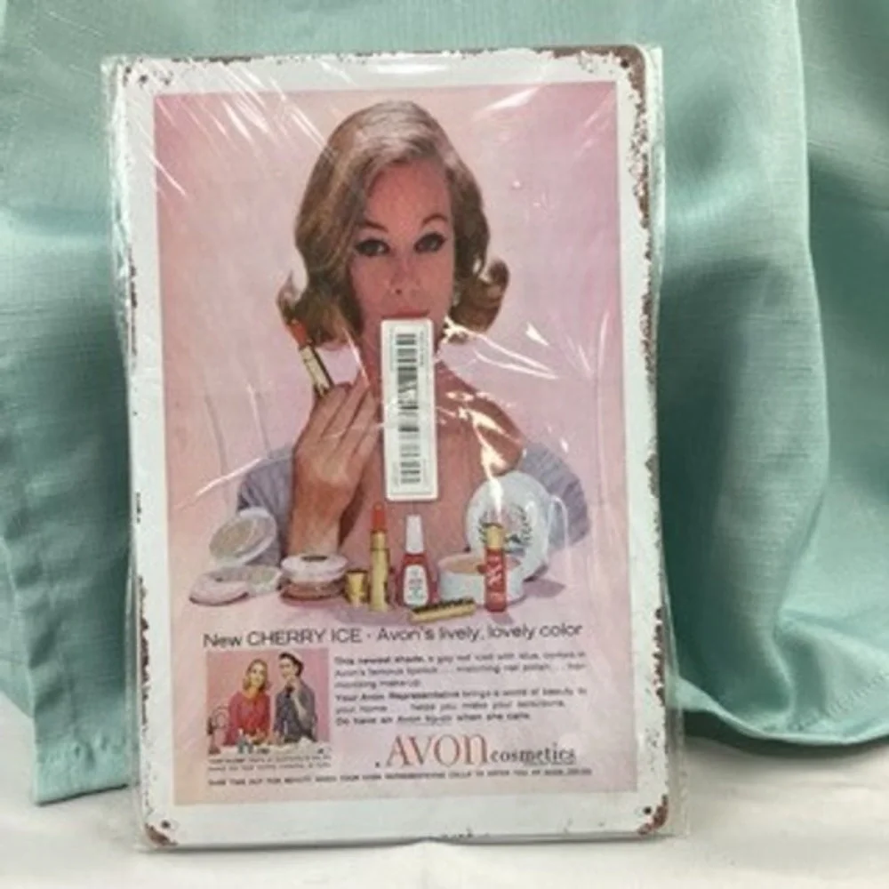 Vintage Avon Cosmetics Tin Metal Wall Signs Retro Beauty Advertising Decor 2pc